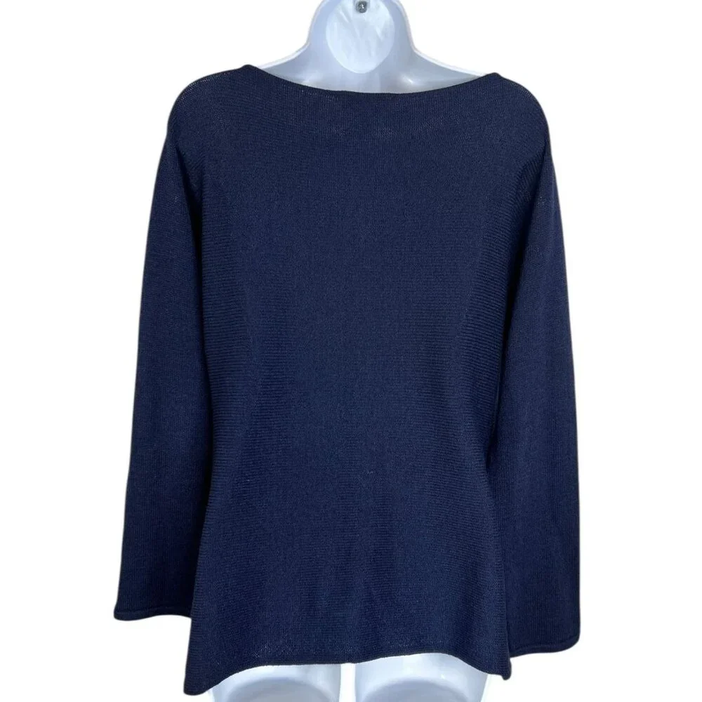 St John Sport Santana Knit Sweater Nautical Rope Detail Boat Neck Navy Blue LG
